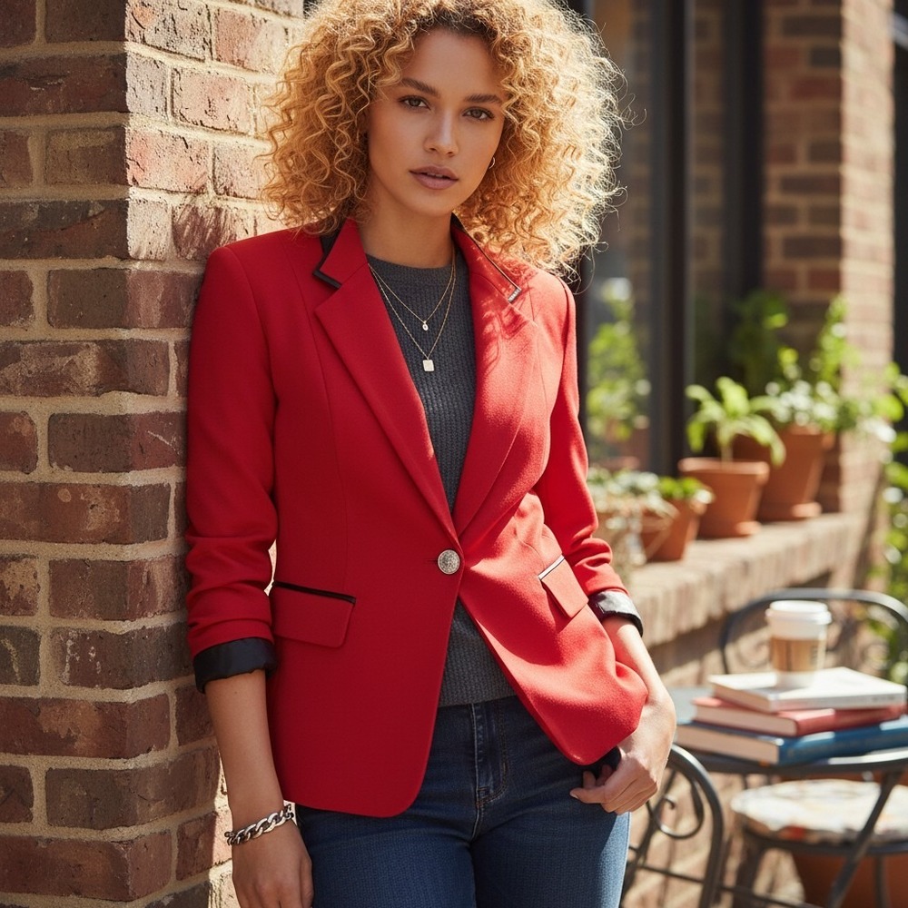 Vtg 80s Red Blazer Black Trim Single Button Office Career Womens 6P (4) Holiday
